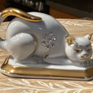 Capodimonte Porcelain White & Gold Cat Swarovski Crystals Made In Italy Vtg 80’s